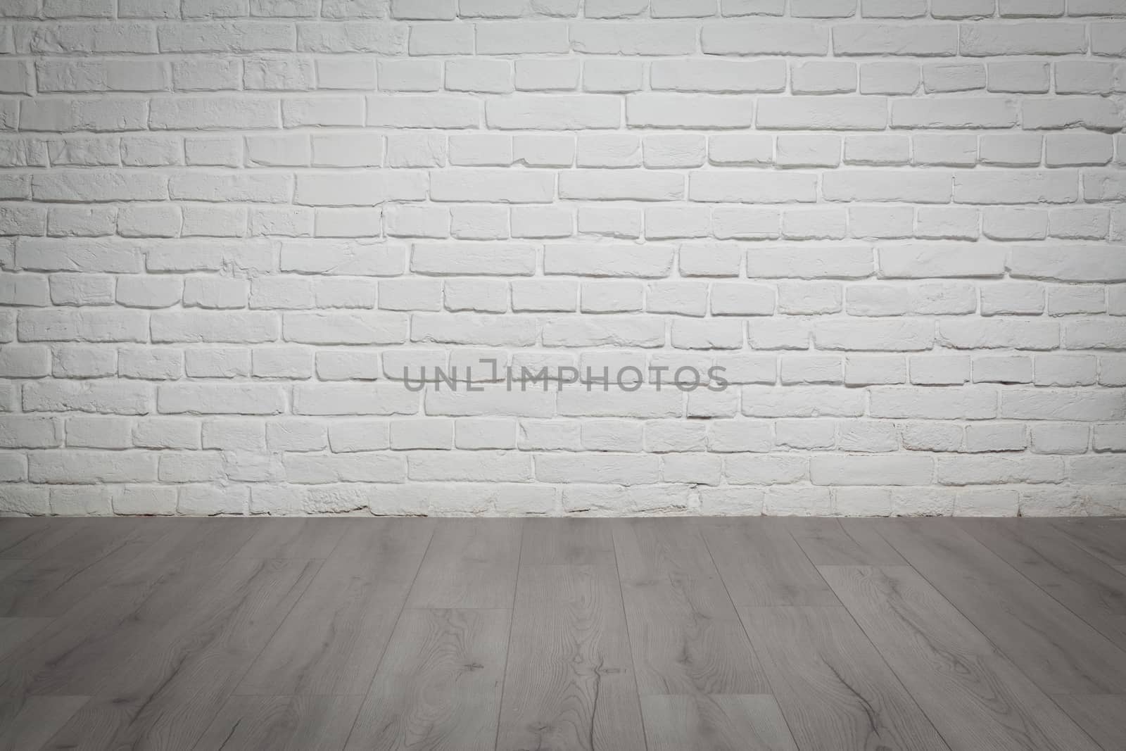 Old white brick wall and wood floor background by igor_stramyk