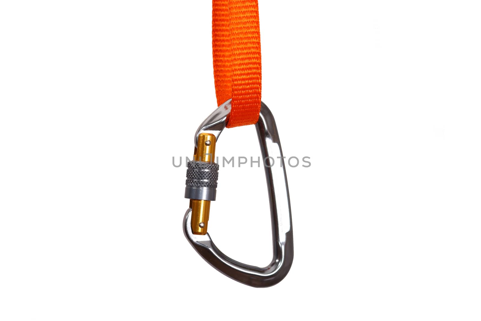 Climbing carabiner with safety lock mechanism attached to an orange nylon webbing