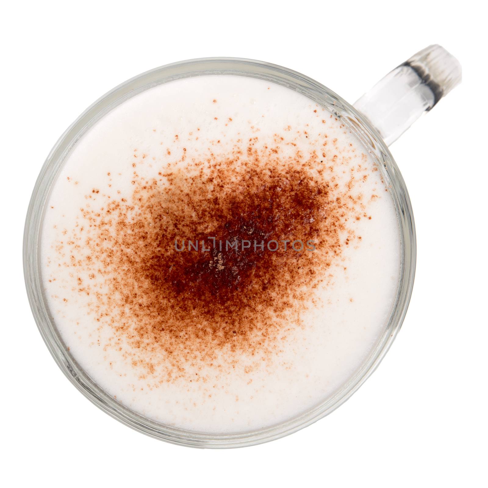 Top view of glass cup mix latte coffee foam, white background