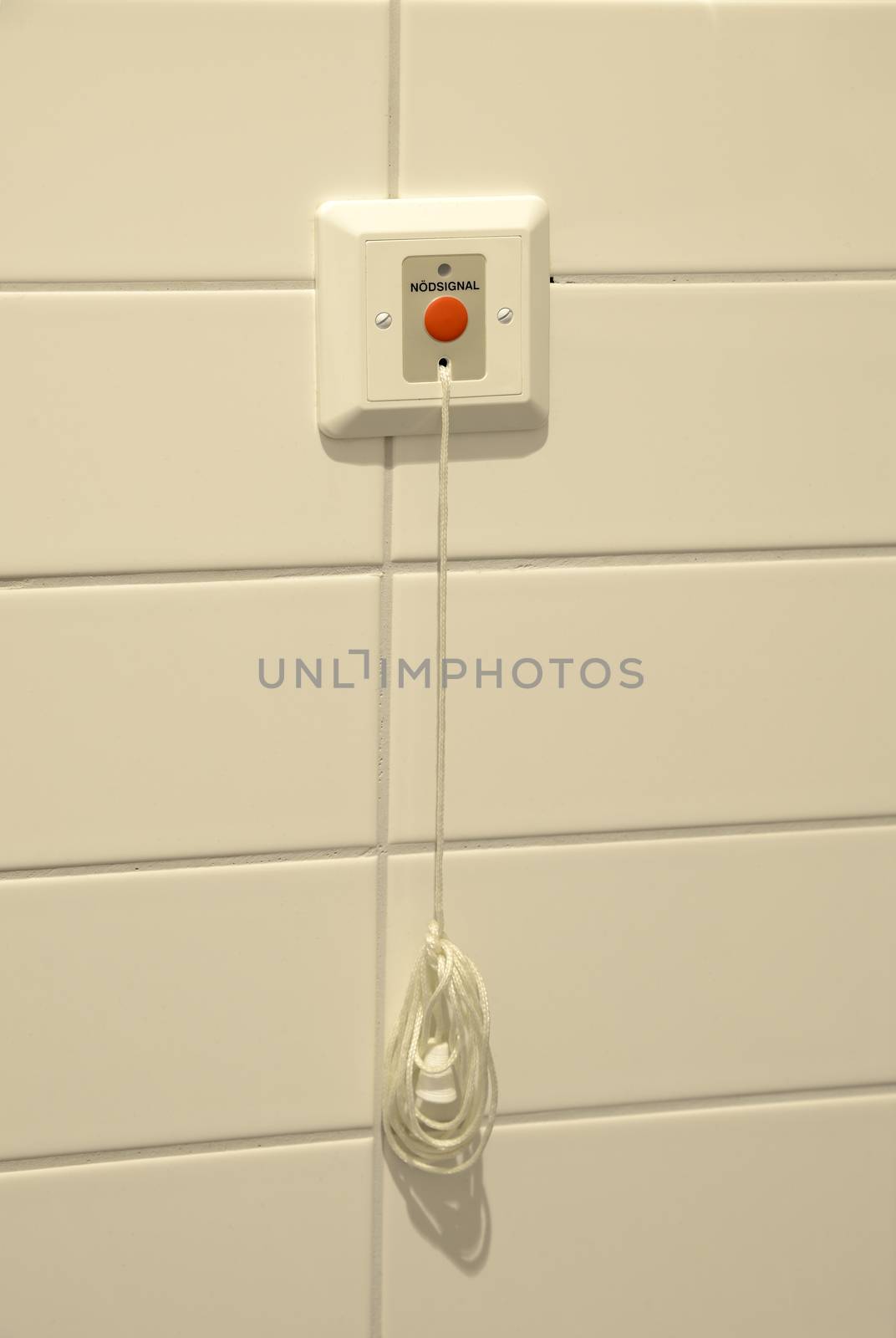 Toilet emergency button with emergency pull cord isolated on white wall