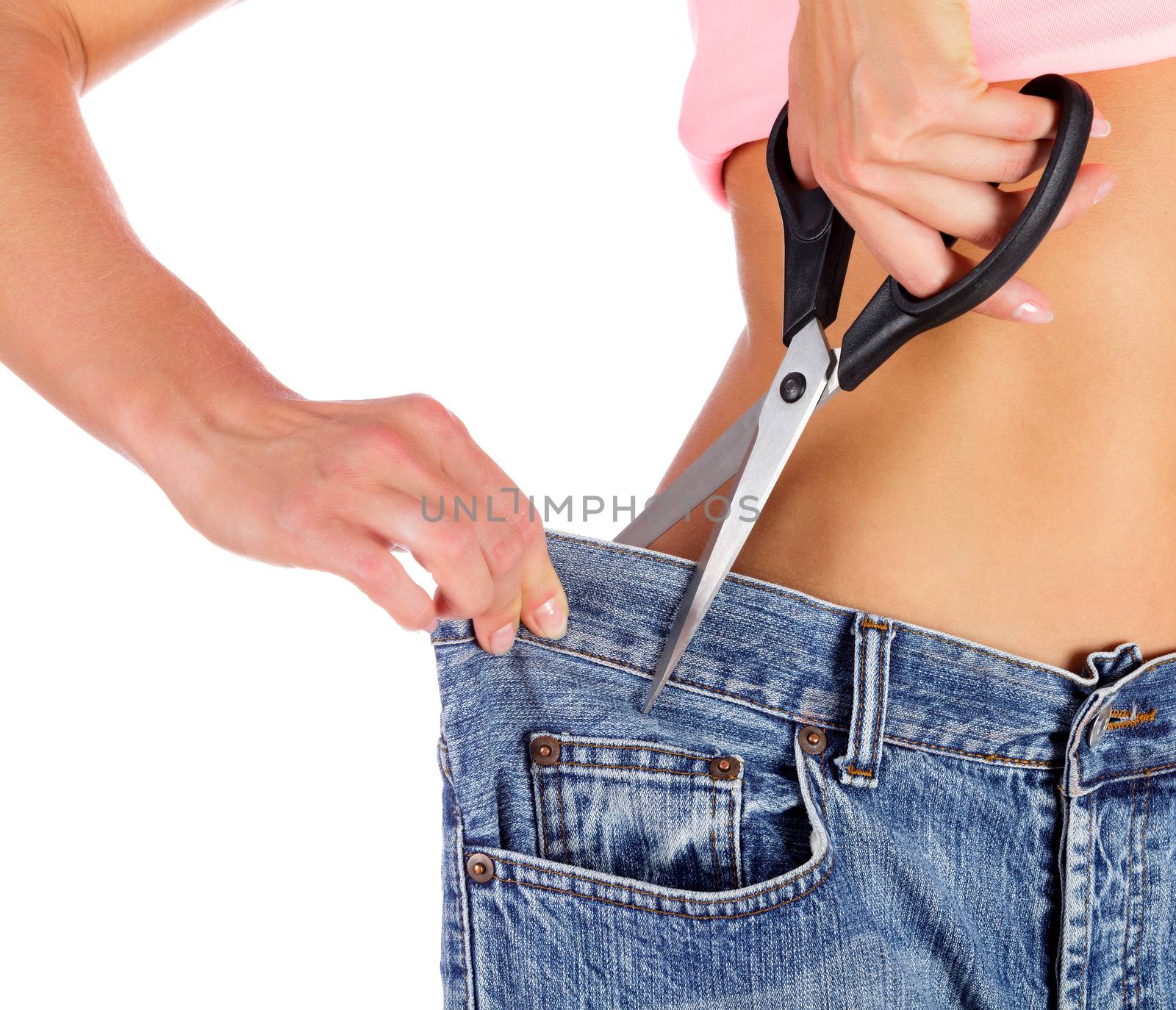 Weight loss concept - closeup shot of woman showing her progress of losing weight. Isolated on white background.