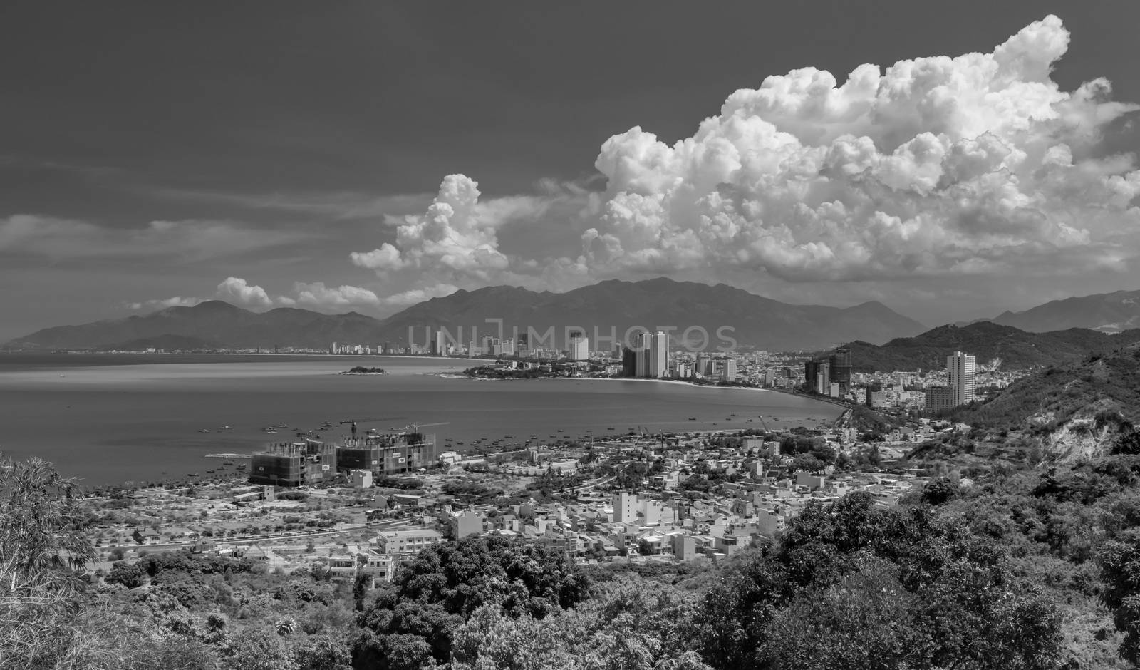 Holiday resort Nha Trang Vietnam on a beautiful sunny day from a view point north of the city converted to black and white.