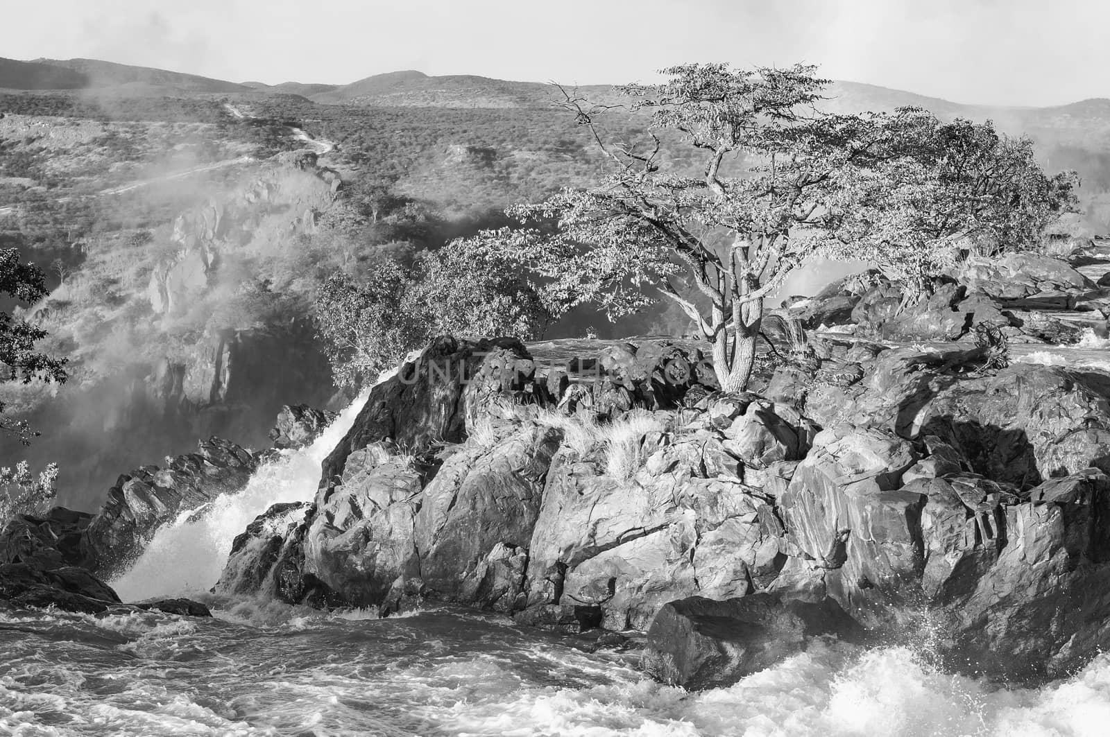 The top of the Ruacana waterfalls on the boder between Angola and Namibia. Monochrome