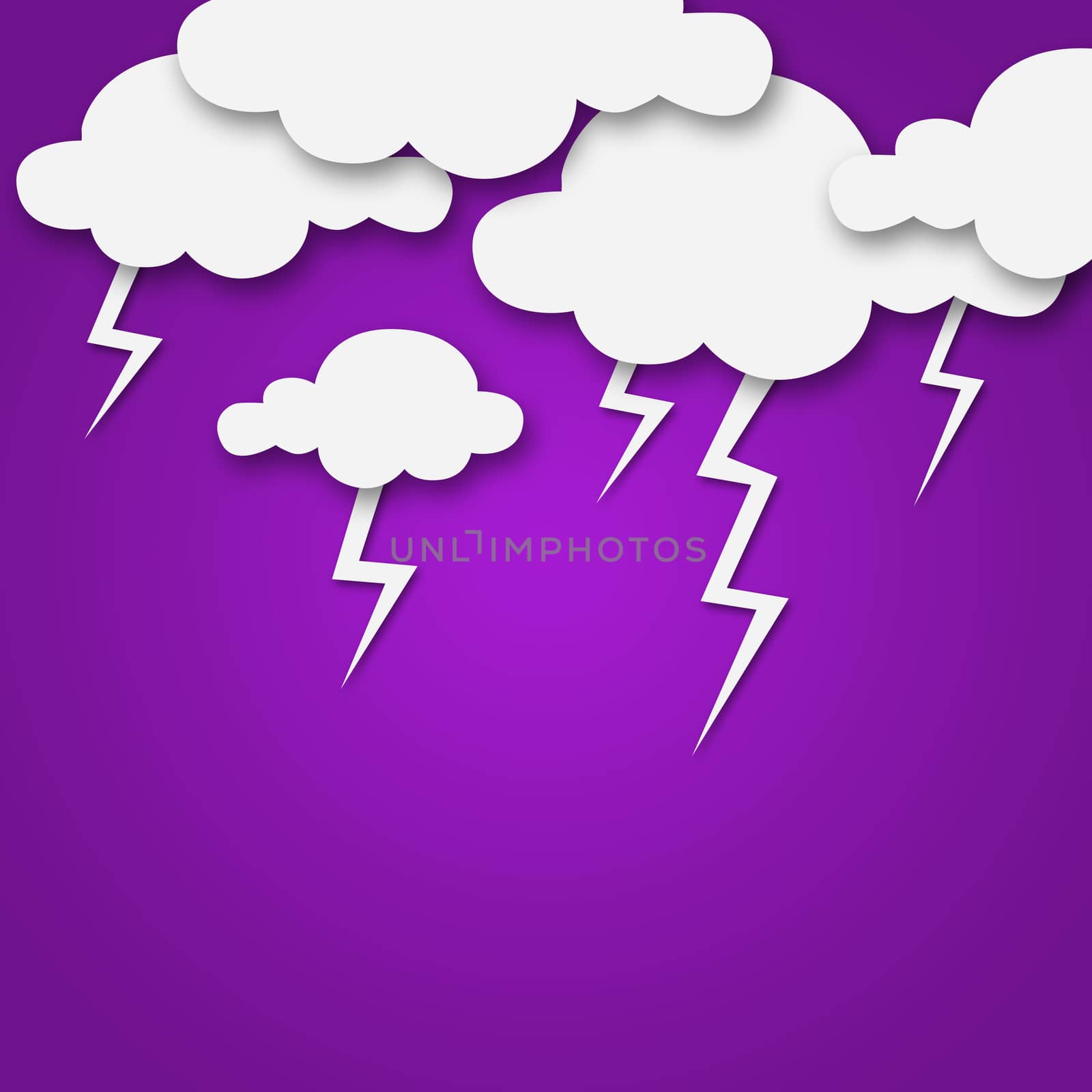 Set of various white clouds on purple background
