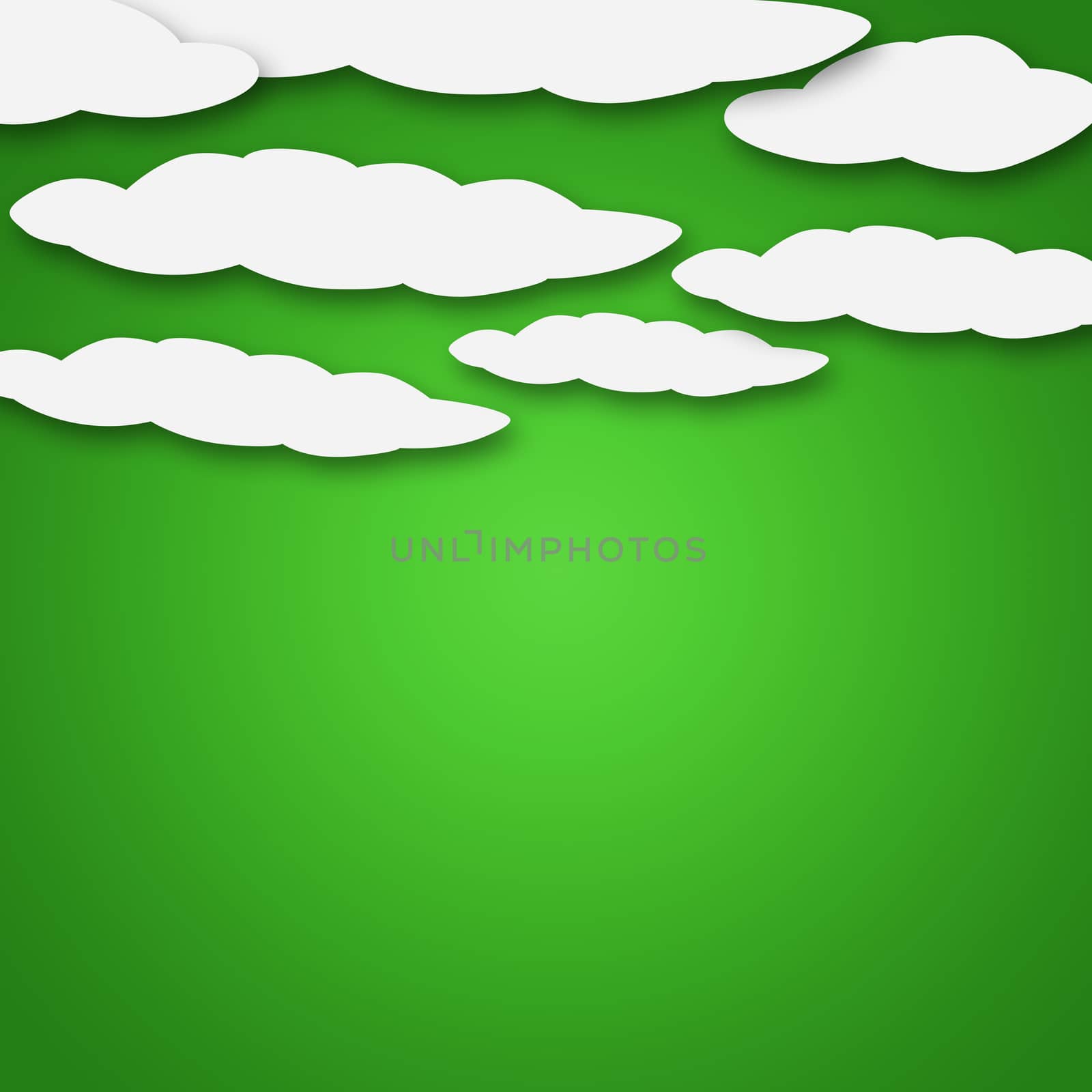 Set of various white clouds on green background