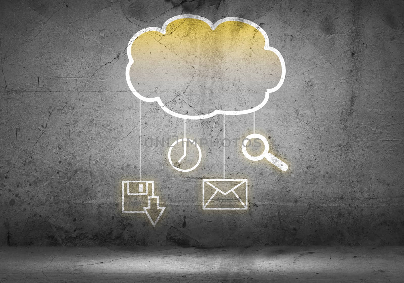 Colorful cloud with business icons on cement wall 