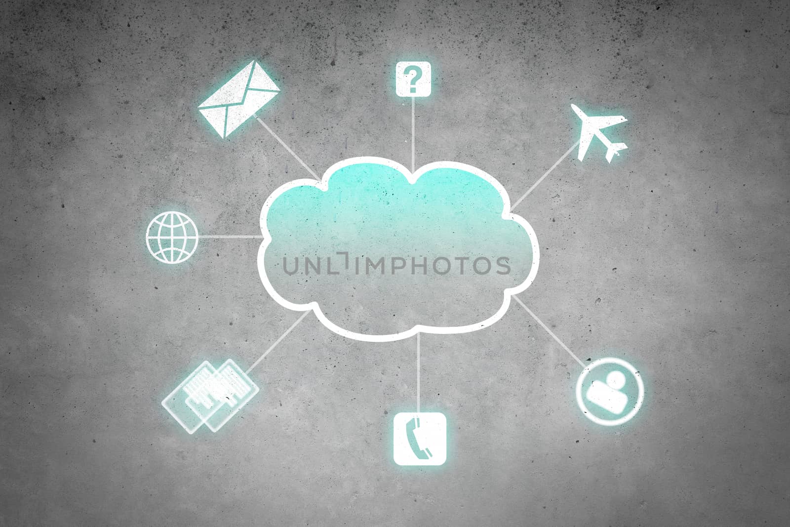Colorful cloud with business icons on cement wall 