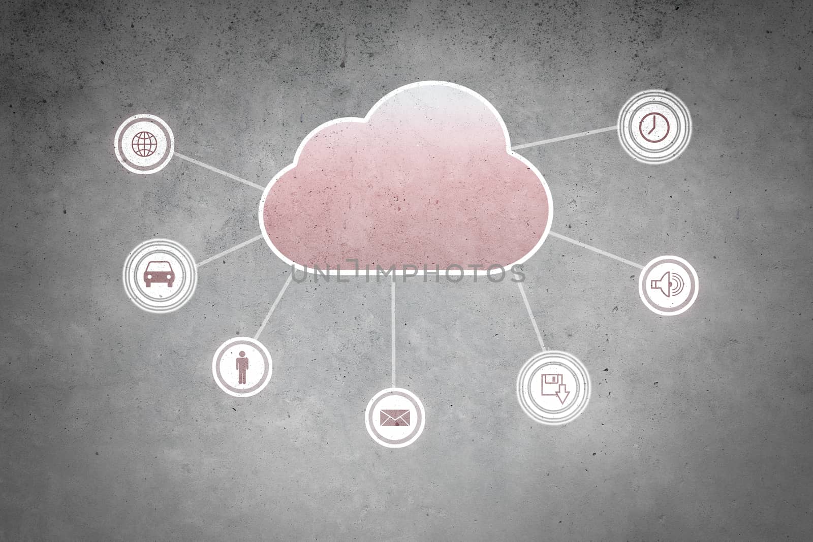 Colorful cloud with business icons on cement wall 