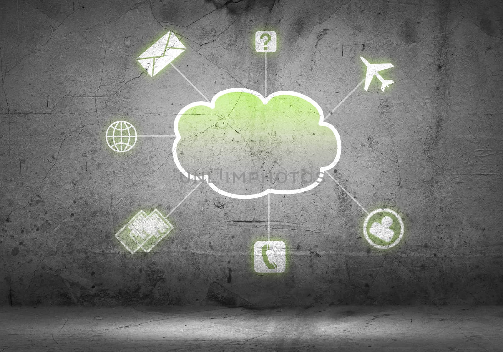 Colorful cloud with business icons on cement wall 