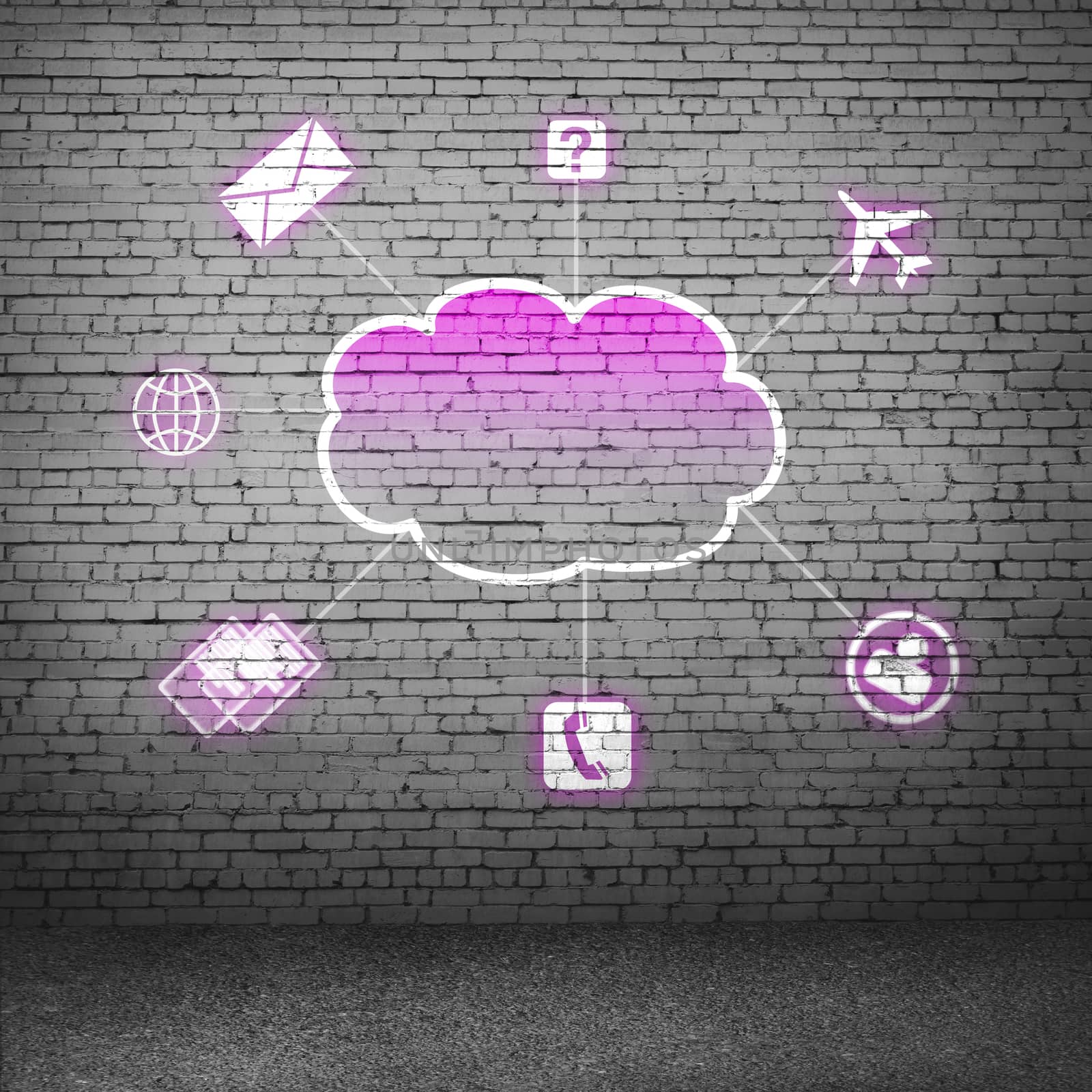 Colorful cloud with business icons on cement wall 