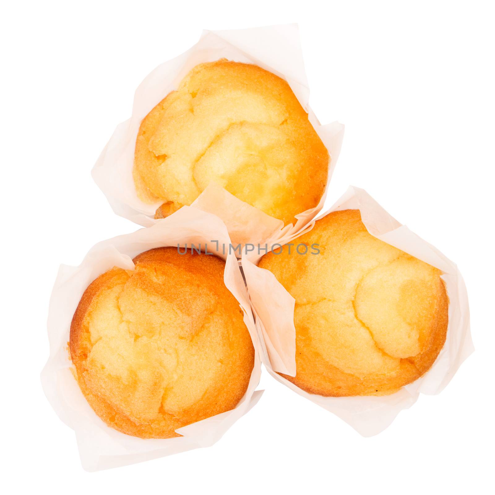 Closeup of a Magdalena Typical Spanish Plain Muffin. Sweet Food or Dessert. Three Fresh Baked Muffin Isolated on White Background in American Style. Irresistible Tasty Cake.