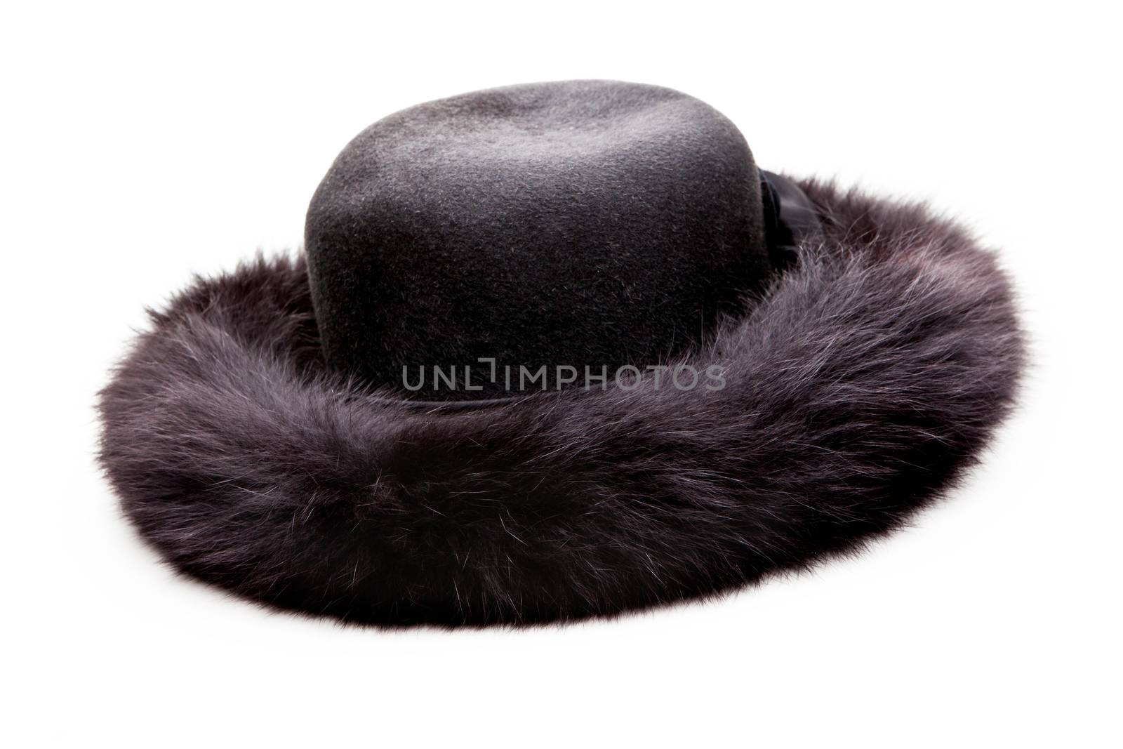 Winter Black Furl Hat Vintage Studio White Background