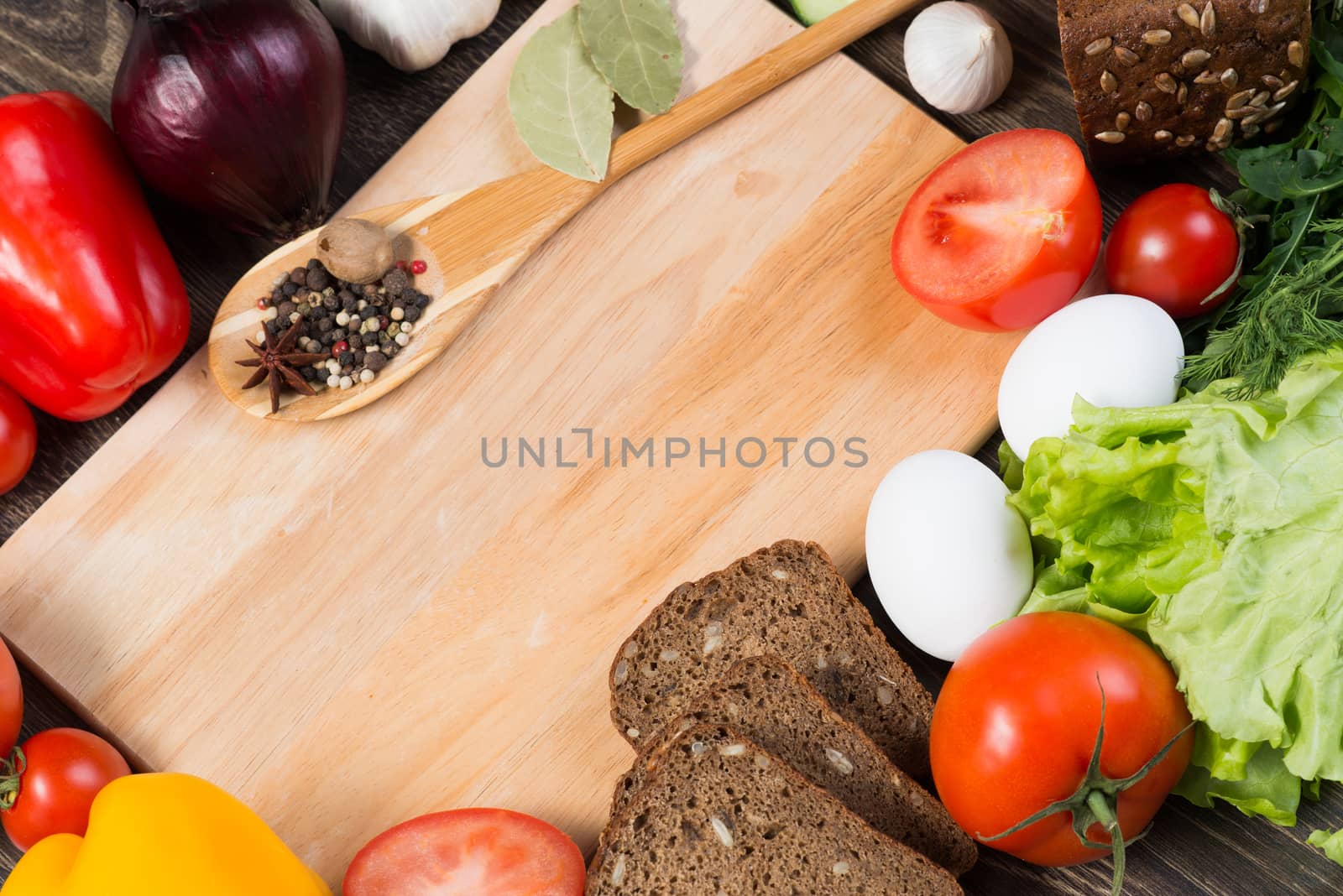 Set of vegetables and spices on kitchen table