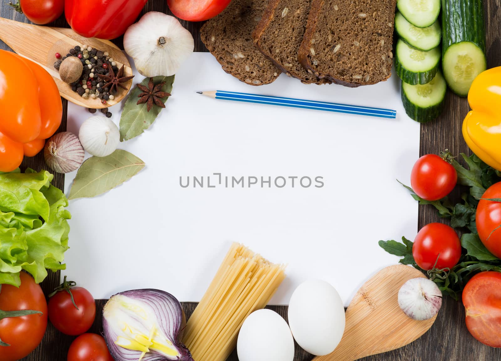 Set of vegetables and spices on kitchen table