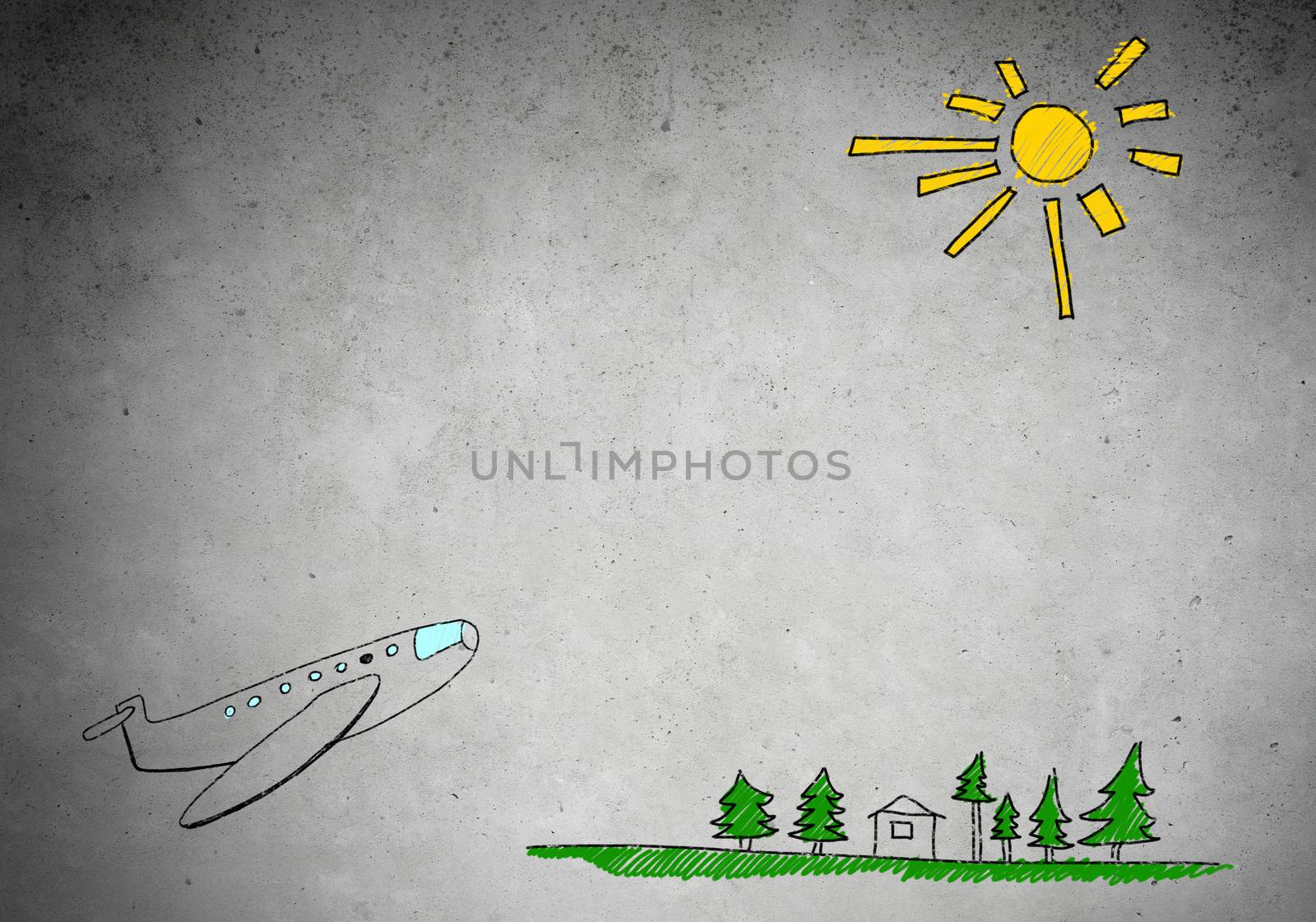 Hand drawn flying airplane on cement wall
