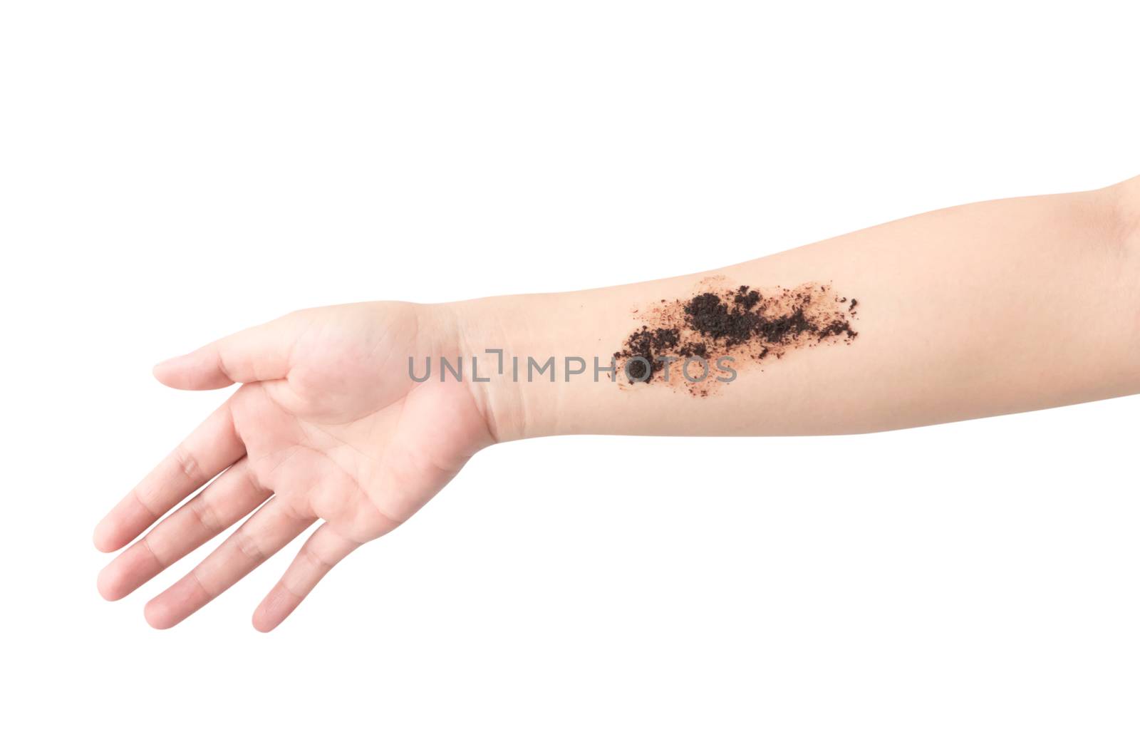 Woman's hand with scrub coffee grounds on skin hand and arm, bea by pt.pongsak@gmail.com
