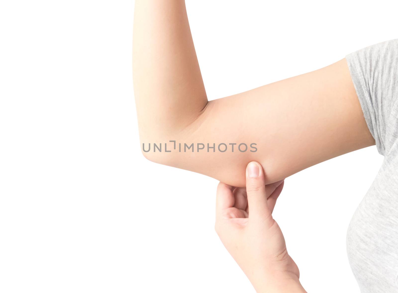 Closeup woman hand checking upper arm on white background health care and medical concept