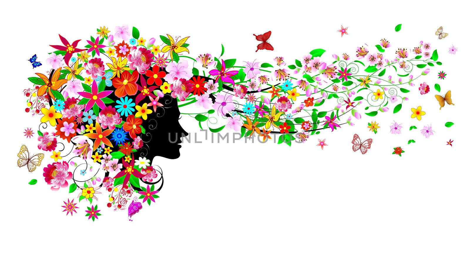 Silhouette of a woman's face among flowers and butterflies. Girl with flowers and butterflies.A girl with flowers and butterflies on her head and in her hair.                                                                                                                                                                                                                                                                                                                                                                            