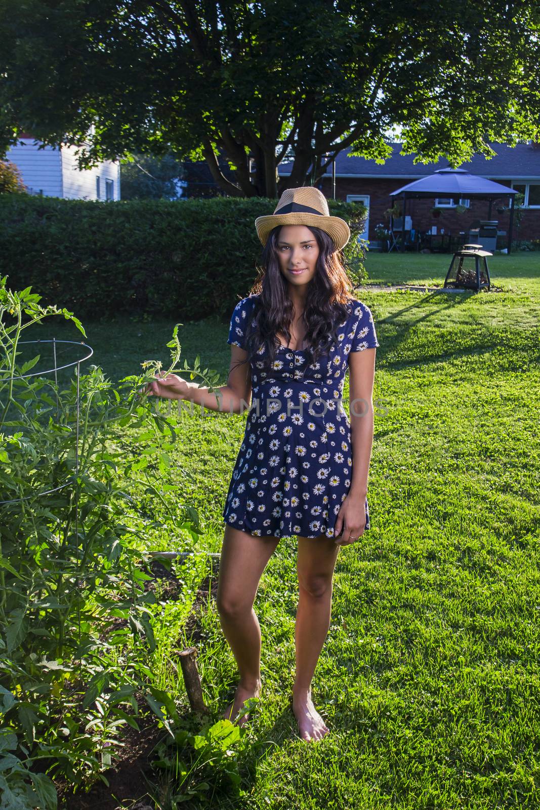 twenty something woman standing outside in the sun, wearing a sun dress and a straw hat beside of a tomato plant