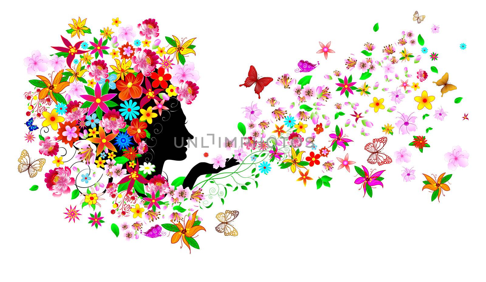 Silhouette of a woman's face among flowers and butterflies. Girl with flowers and butterflies.A girl with flowers and butterflies on her head and in her hair.                                                                                                                                                                                                                                                                                                                                                                            