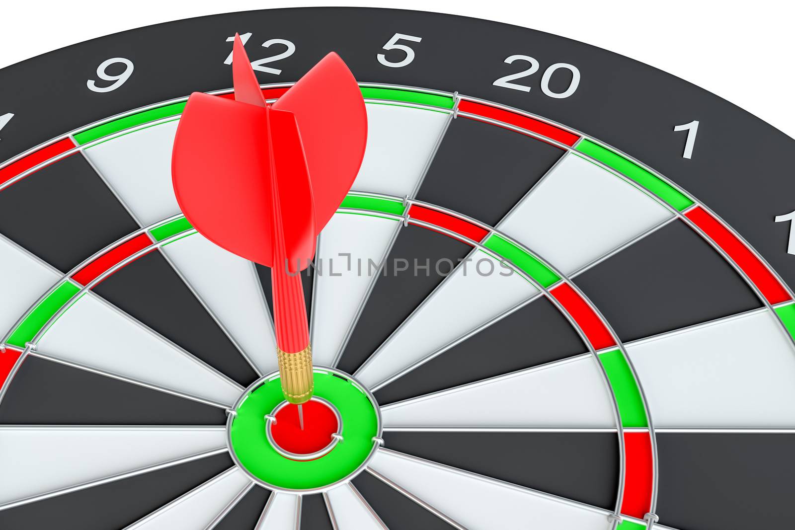 Target dart arrow hitting in the center of dartboard. 3d illustration