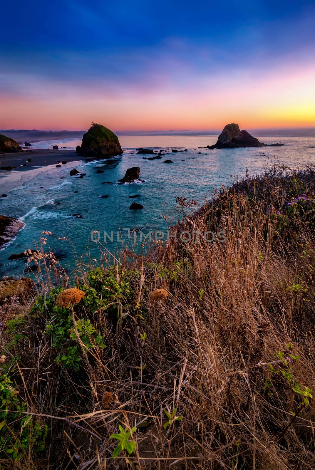 Color image of a beautiful sunset overlooking the Pacific Ocean in Northern California.