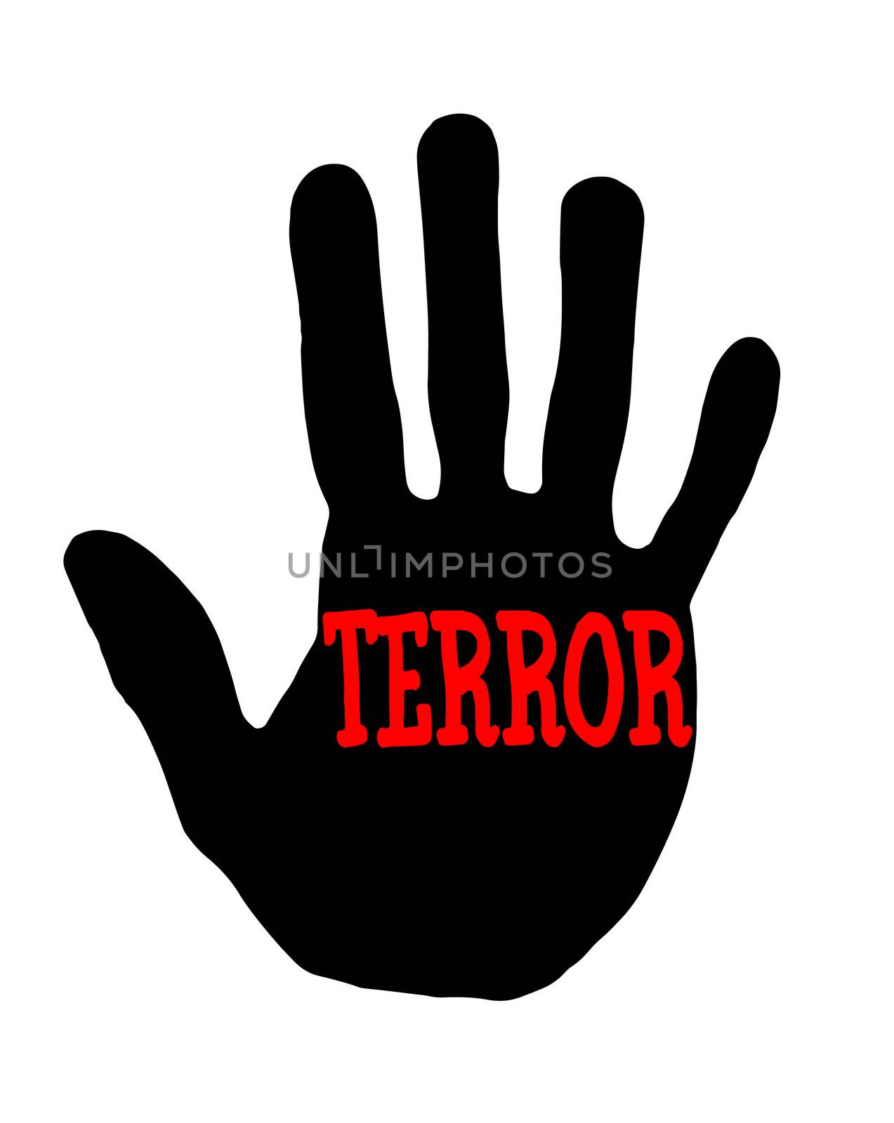 Man handprint isolated on white background showing stop terror