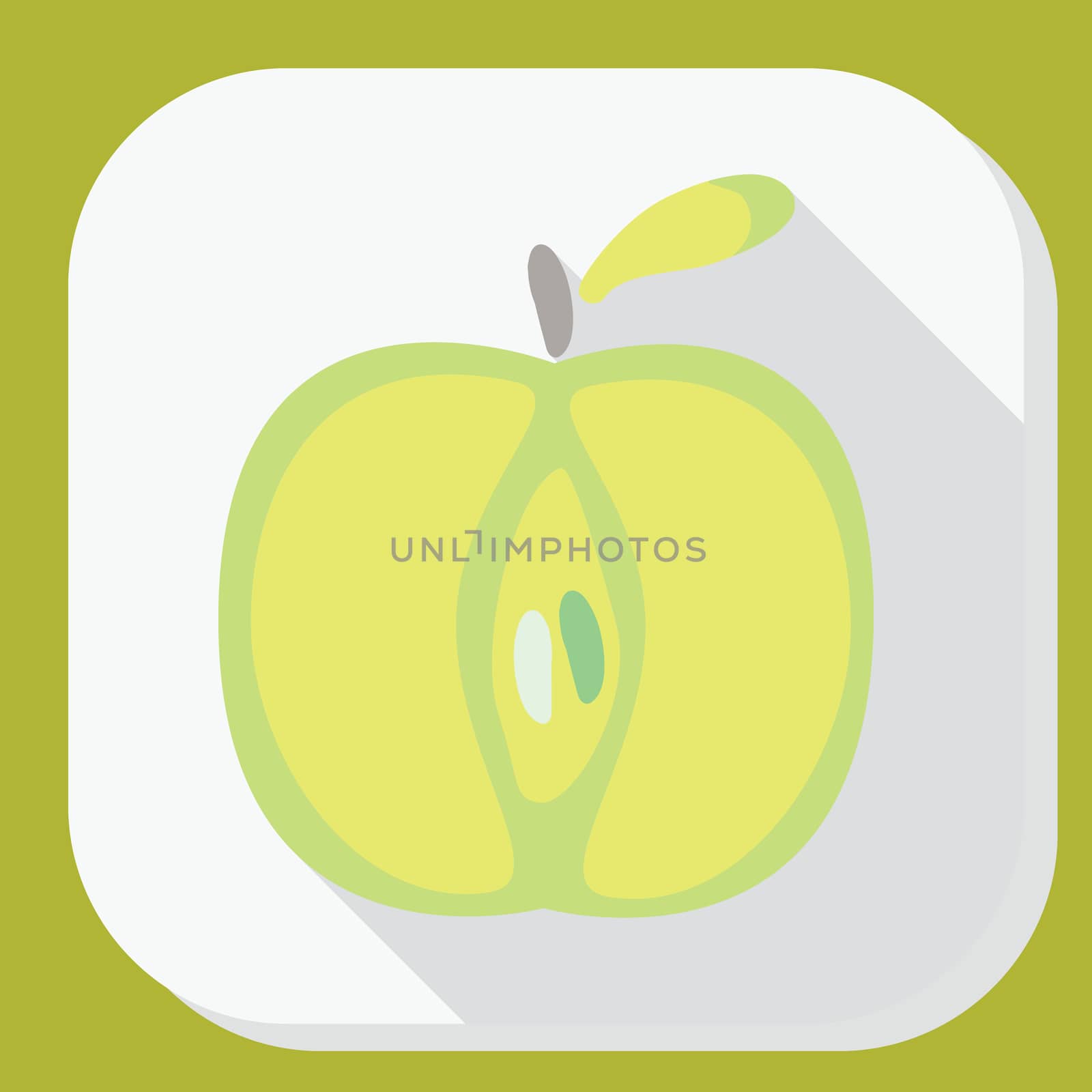 Green apple sign icon with long shadow. Fruit with leaf symbol. illustration. Flat design image.