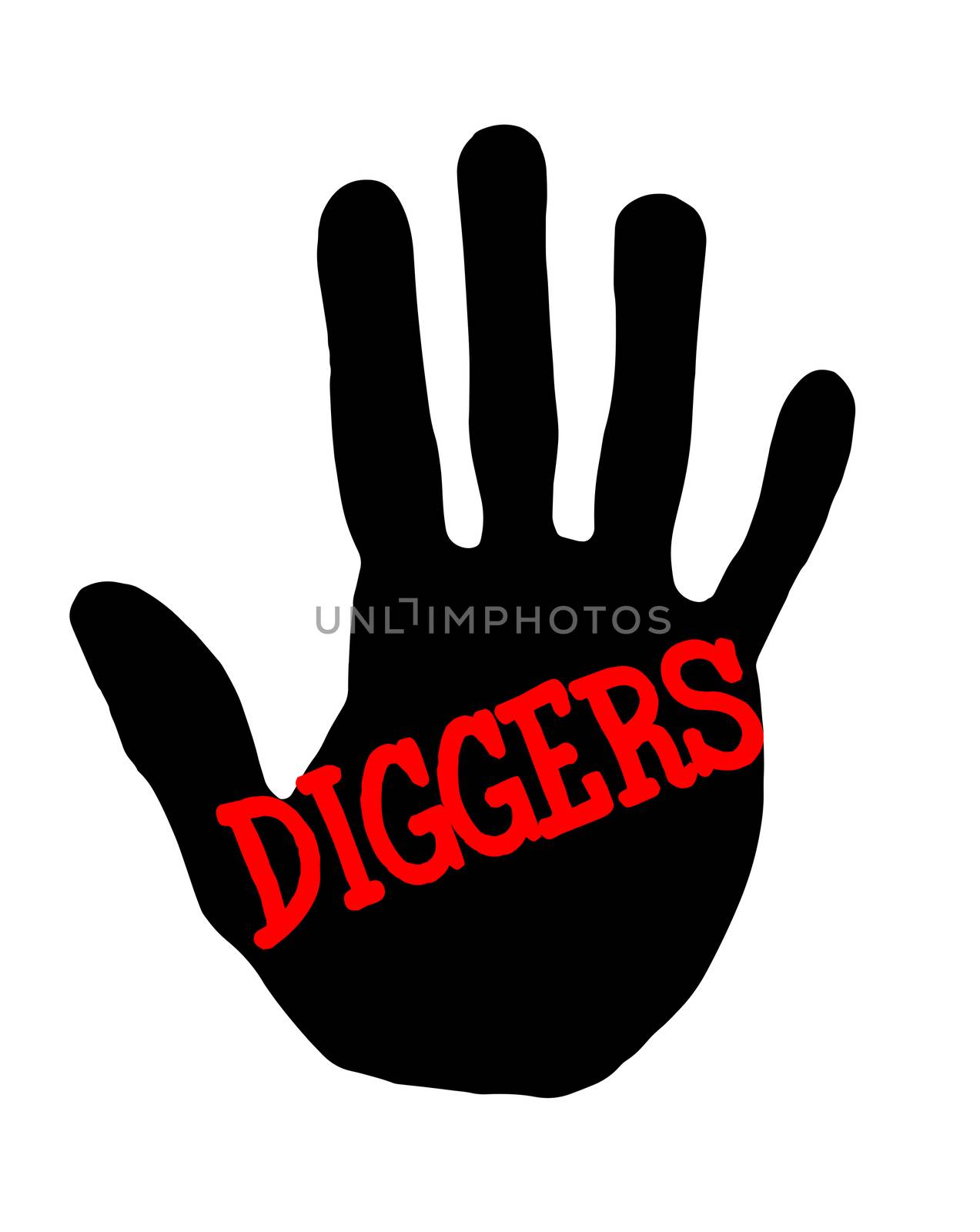 Man handprint isolated on white background showing stop diggers