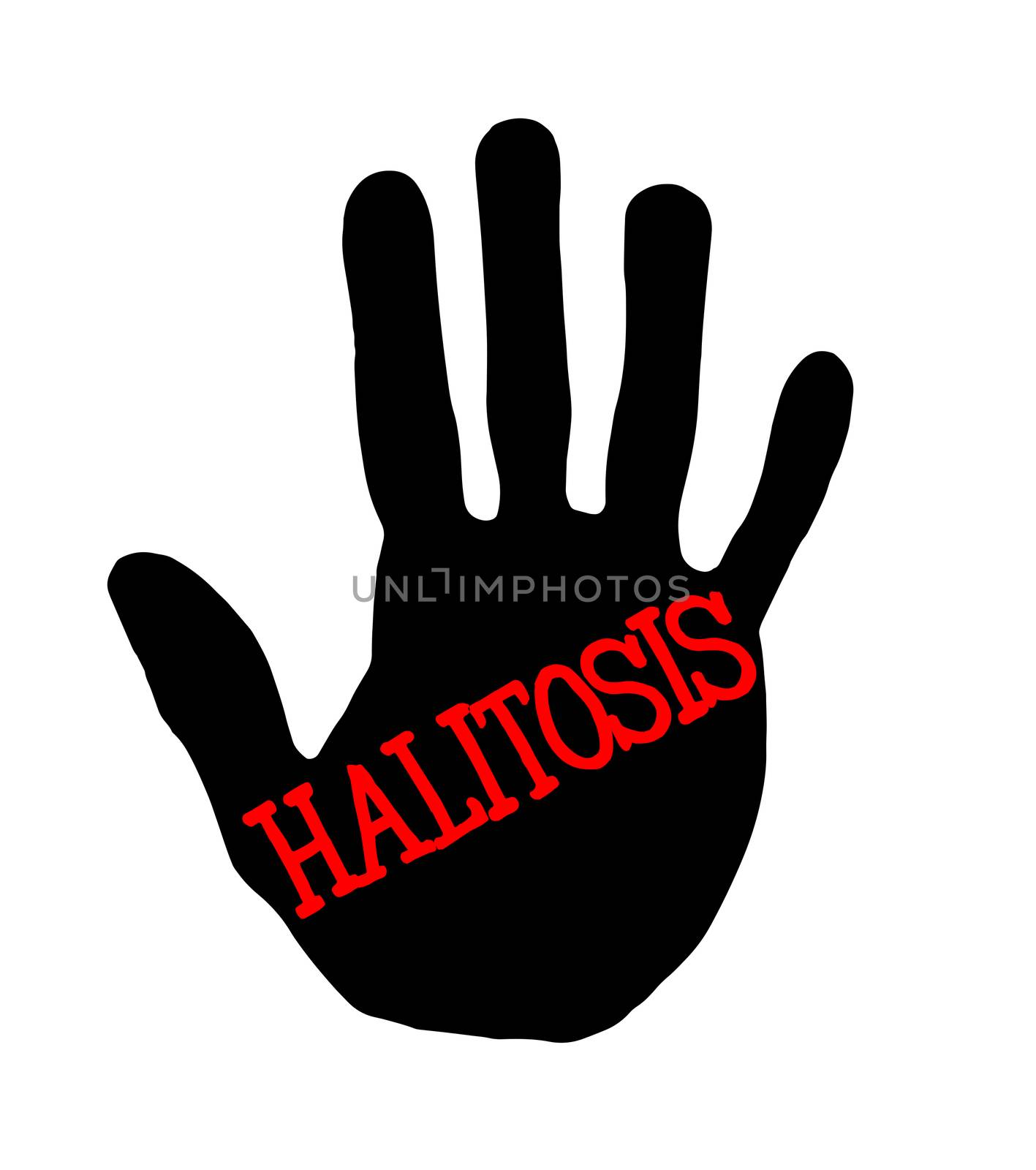 Man handprint isolated on white background showing stop halitosis