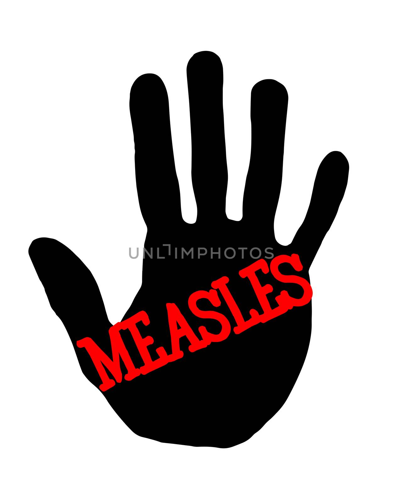 Man handprint isolated on white background showing stop measles