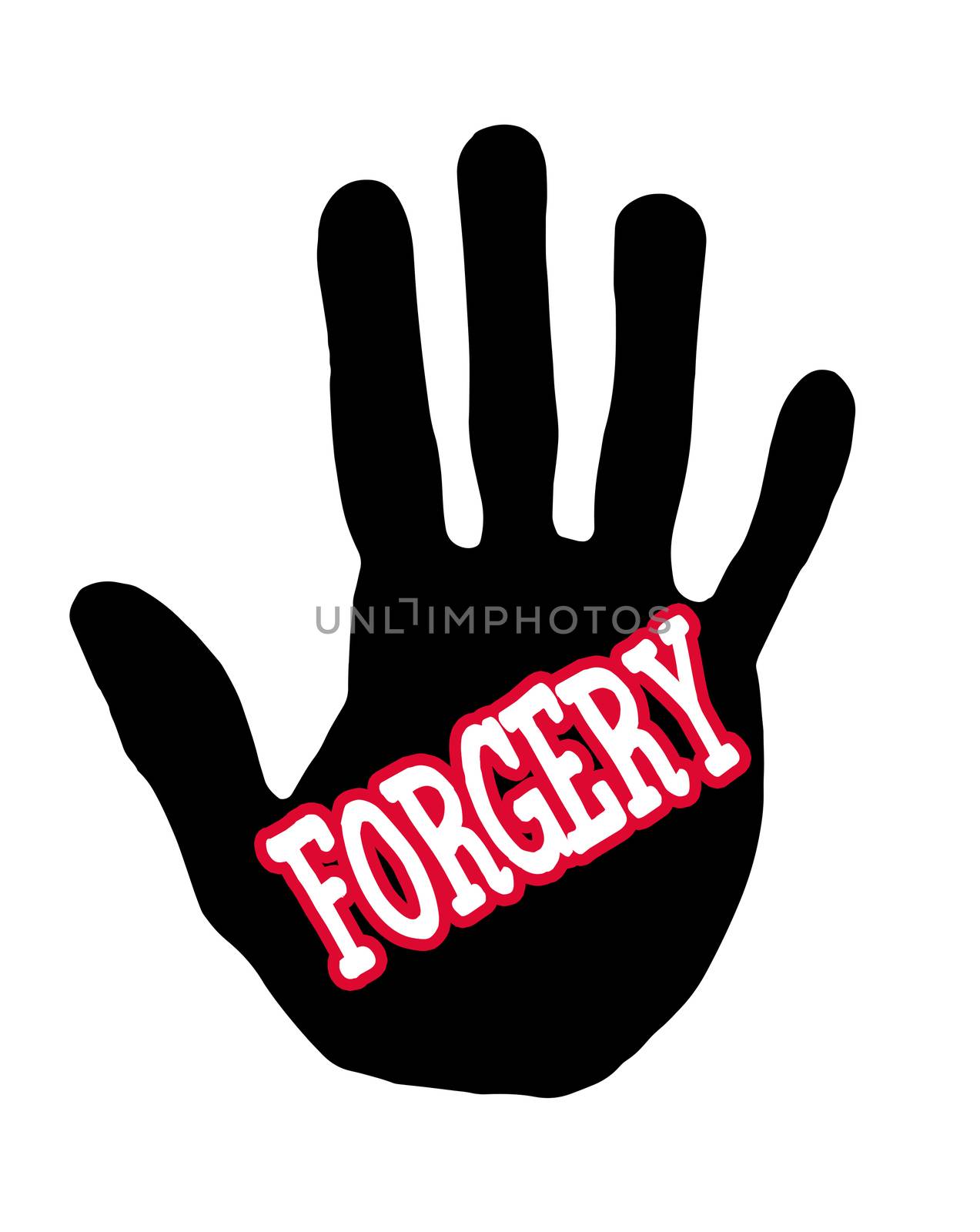 Man handprint isolated on white background showing stop forgery