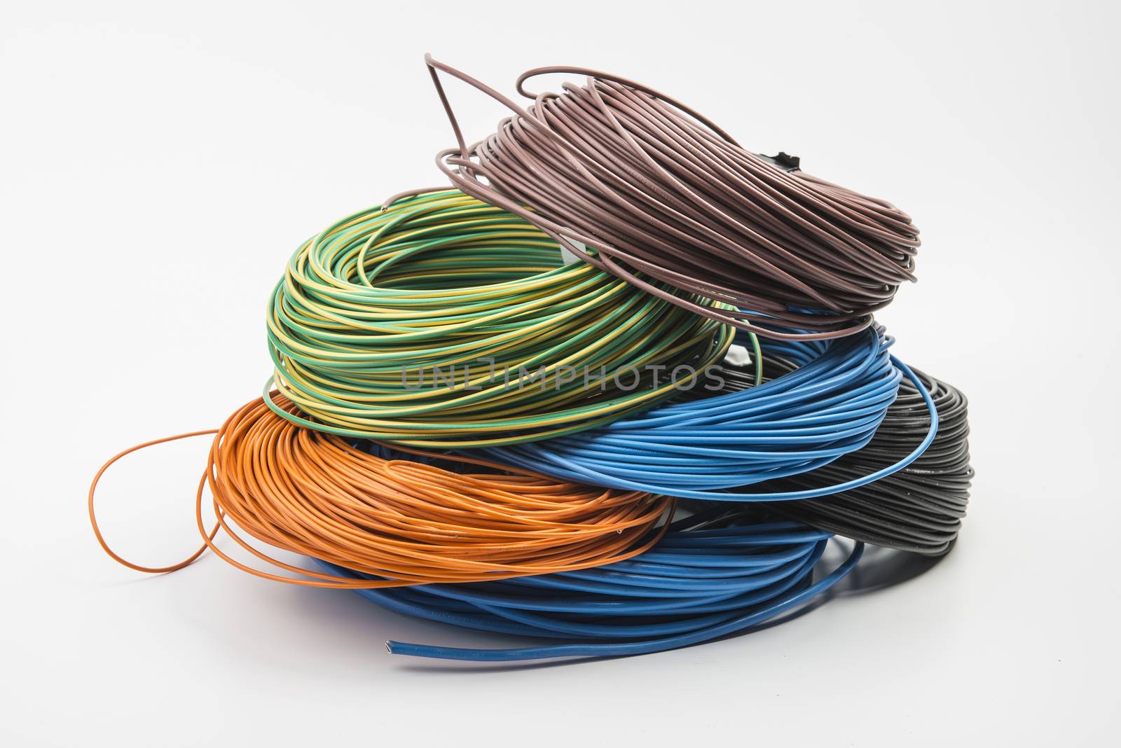 Skeins of electric cable on a white surface