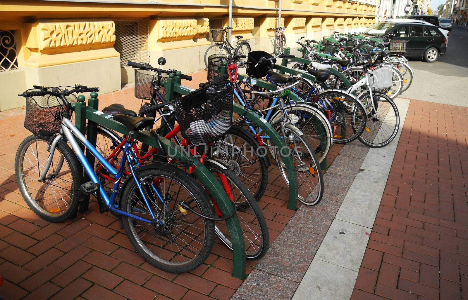 Bicycles in row on the street on sunny day