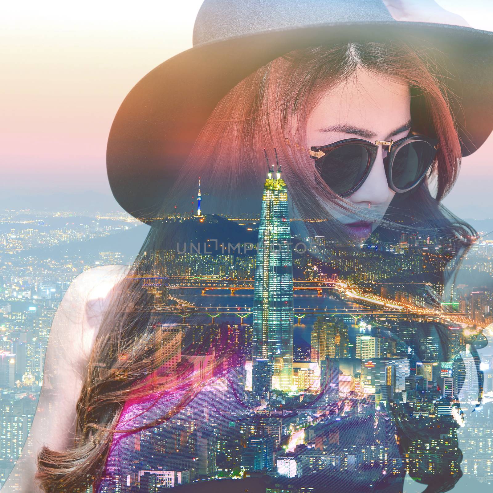 Double exposure,Beautiful girl and cityscape. Vintage tone.