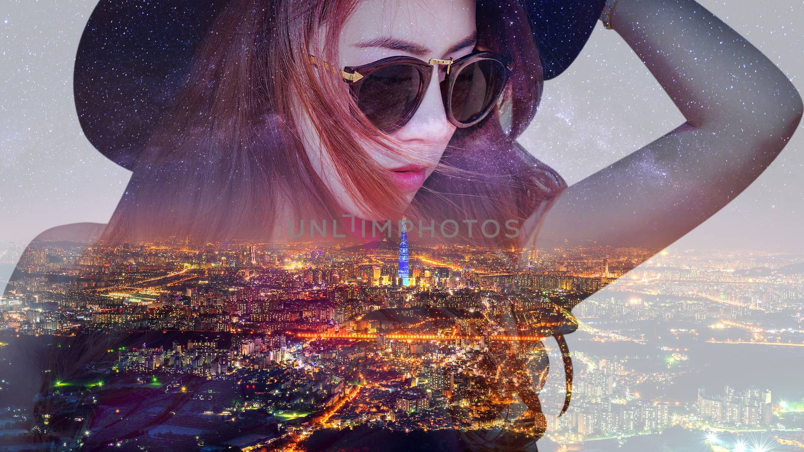 Double exposure,Beautiful girl and cityscape. 