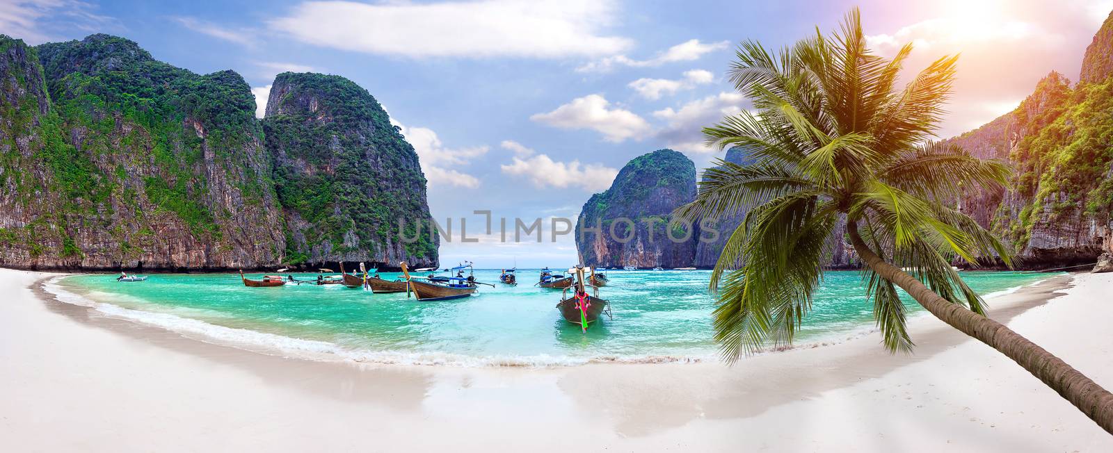 Panorama of Long boat and blue water at Maya bay in Phi Phi Island, Krabi Thailand. by gutarphotoghaphy