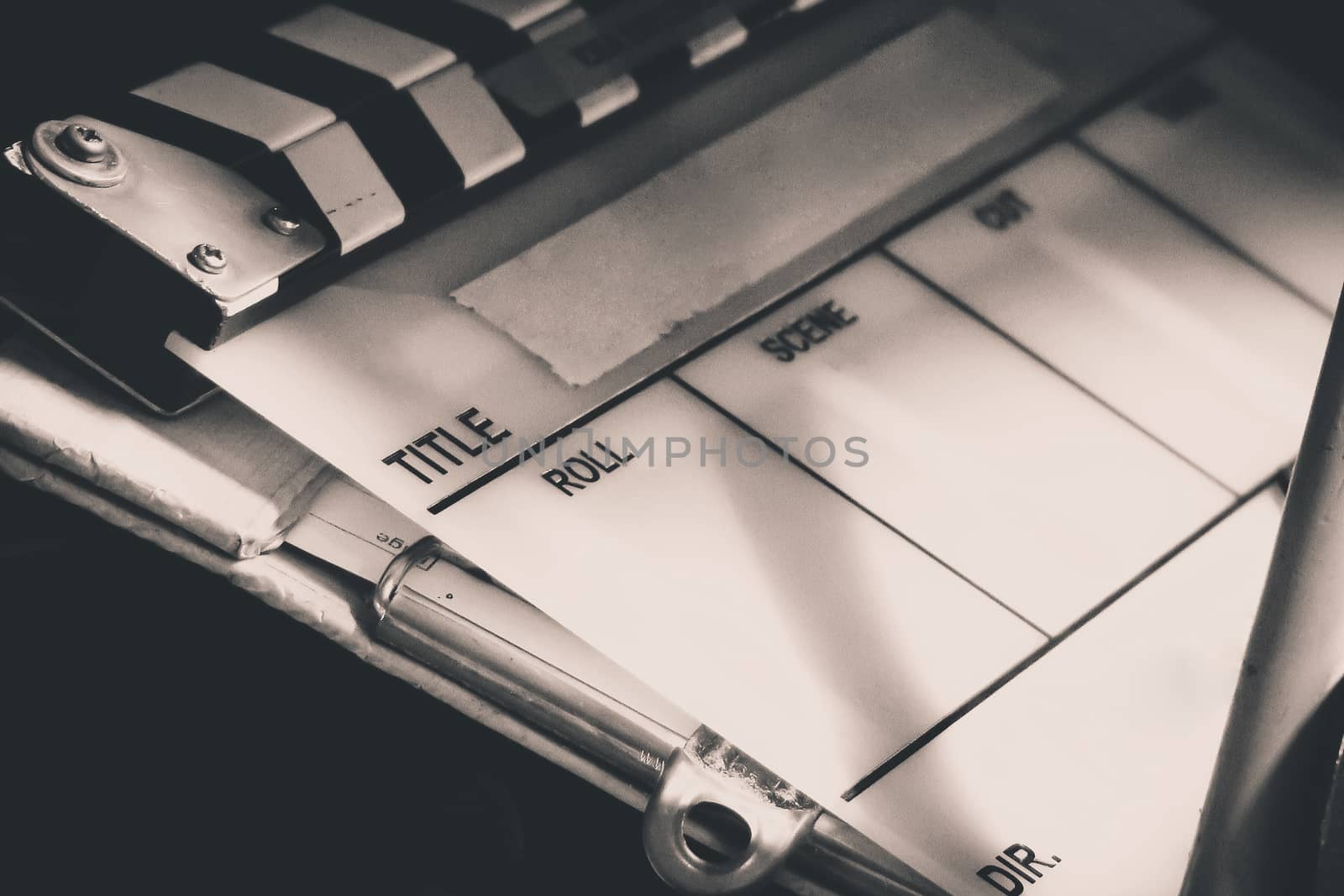 detail of film slate close up. Behind the scene background.