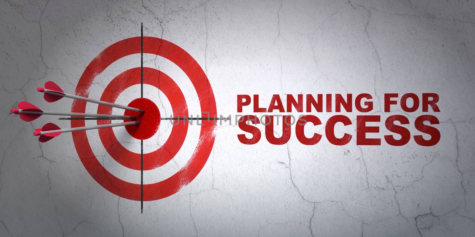 Success finance concept: arrows hitting the center of target, Red Planning for Success on wall background, 3D rendering