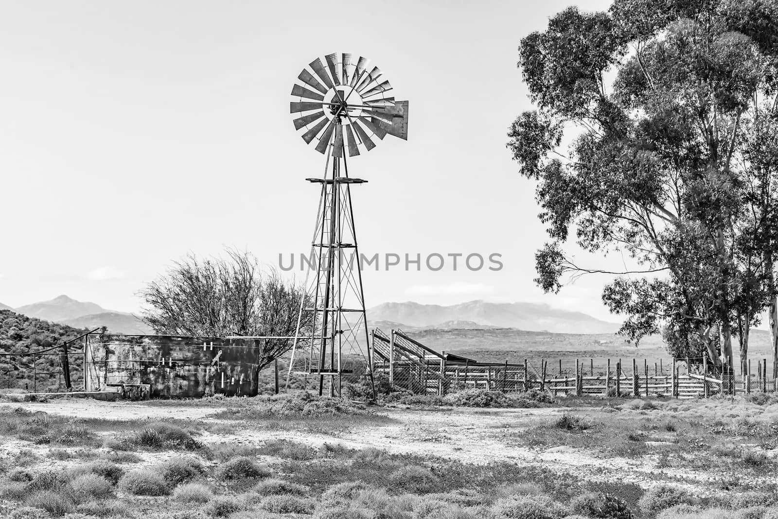 Monochrome water pumping windmill, dam and a kraal on a farm next to the road from Spoegrivier to Klipfontein in the Northern Cape Namaqualand region of South Africa
