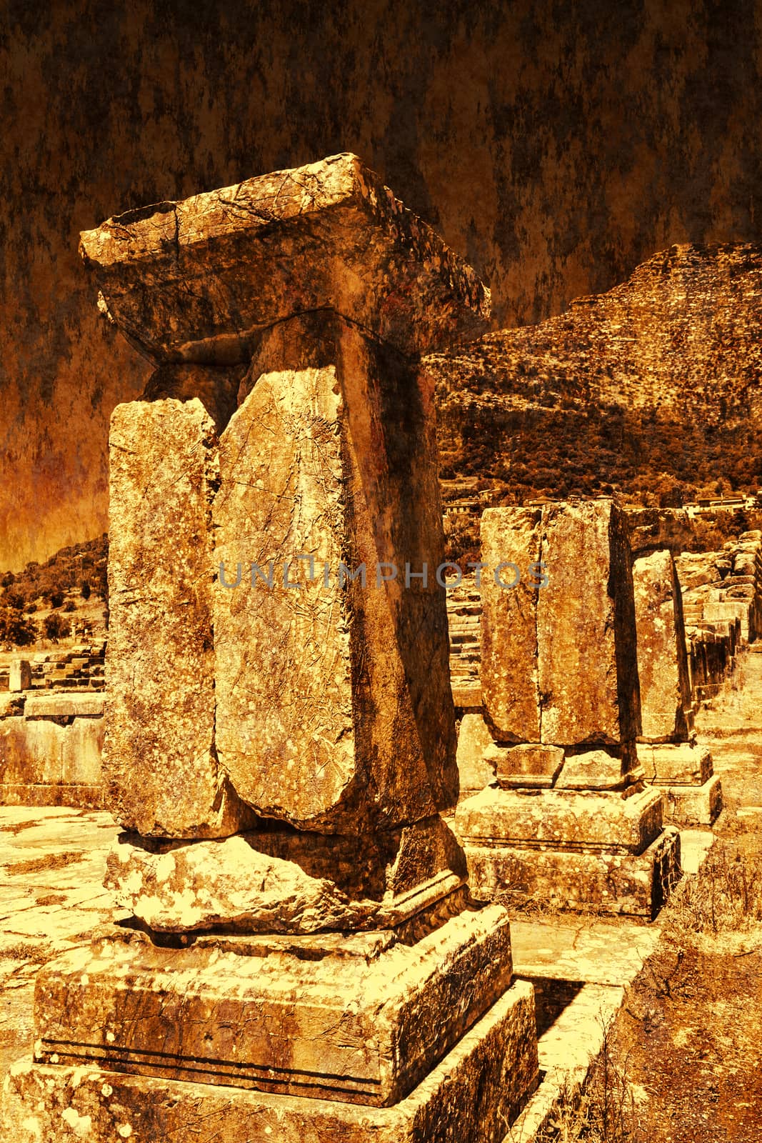 Pillar ruins at Ancient Messini, Messinia at Peloponnese, Greece - Rust effect