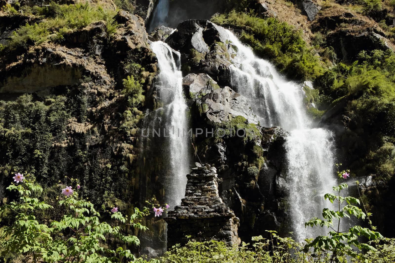 Waterfall in the mountains in Nepal among green plants with old buddist chorten monument