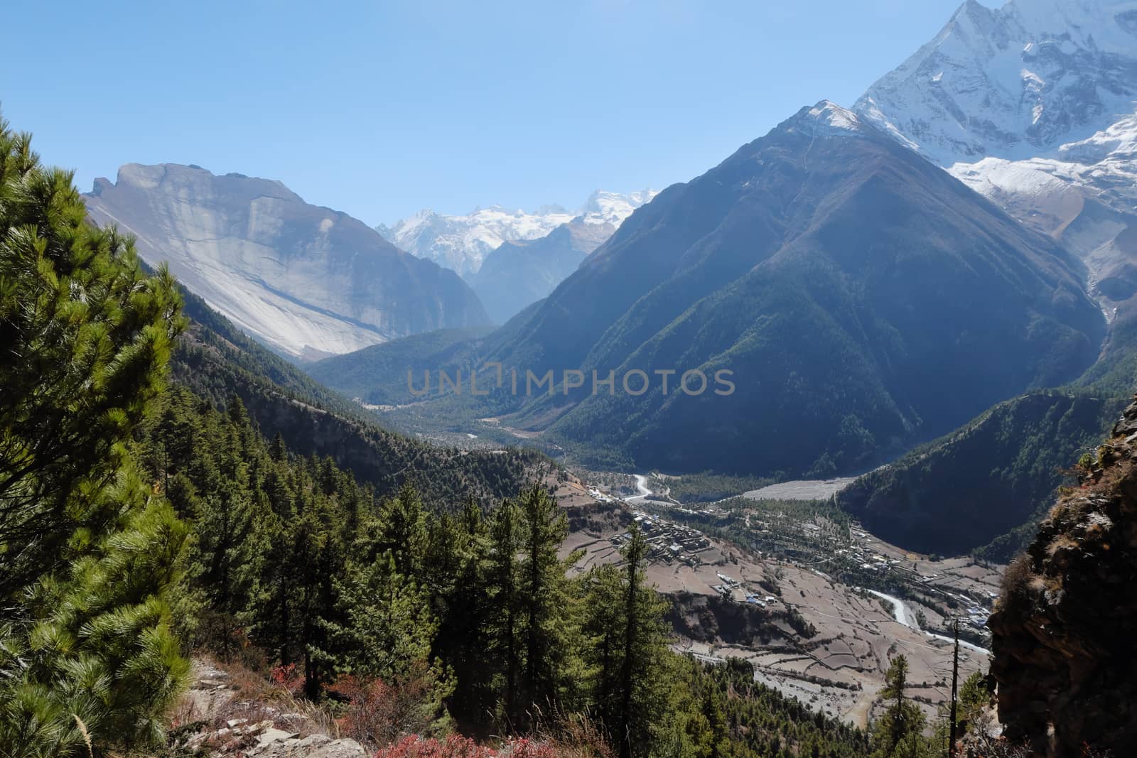 Huge mountain valley in nepal himalayas with enormous rock Sworgadwari 