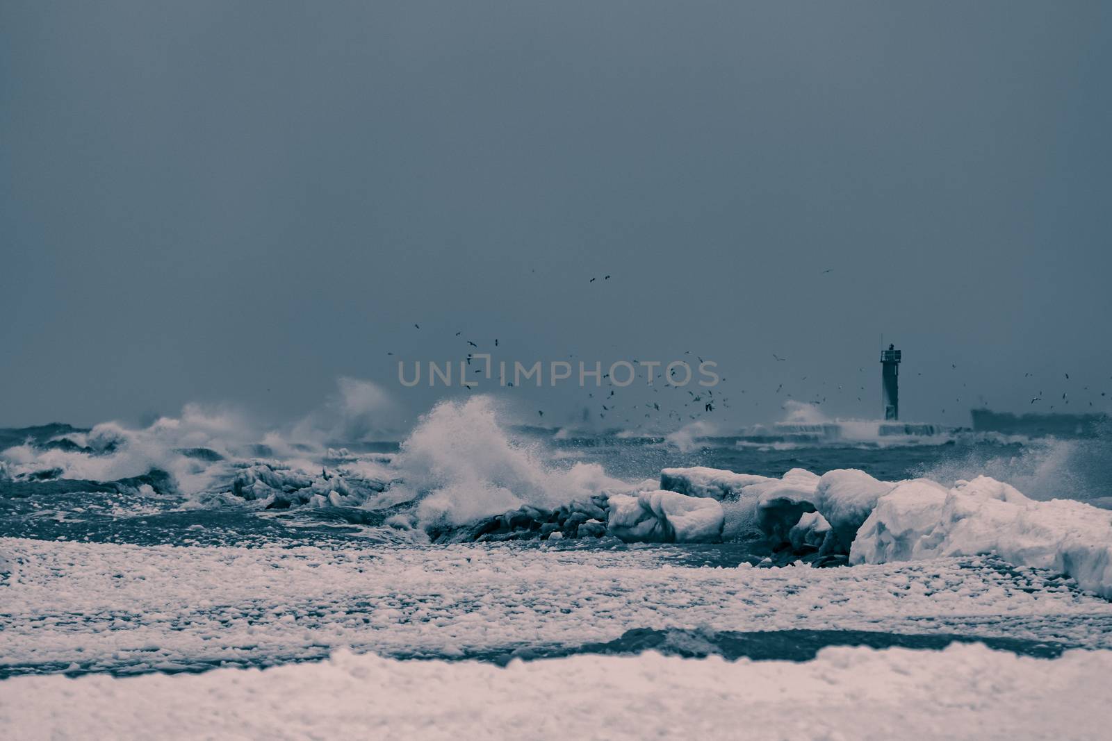 Big waves at the sea in stormy weather. Toned dark blue