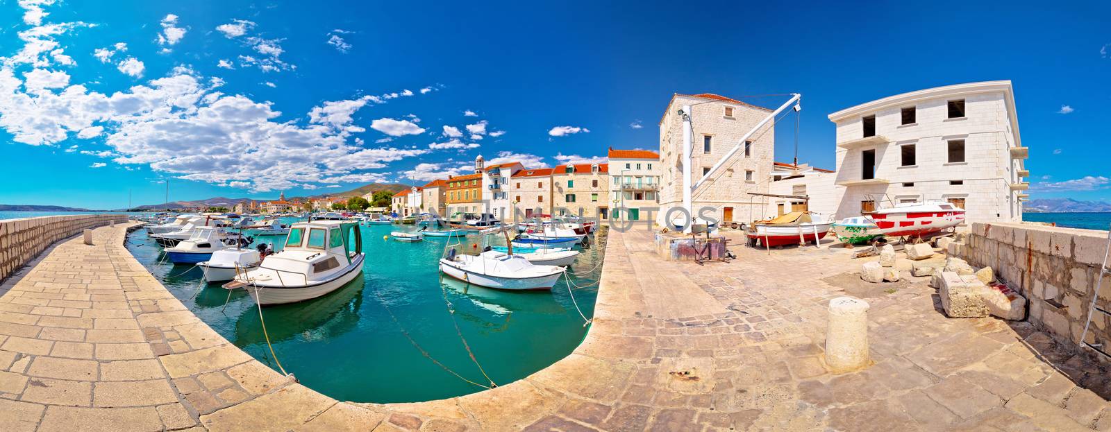 Kastel Novi turquoise harbor and historic architecture panoramic view, Split region of Dalmatia, Croatia