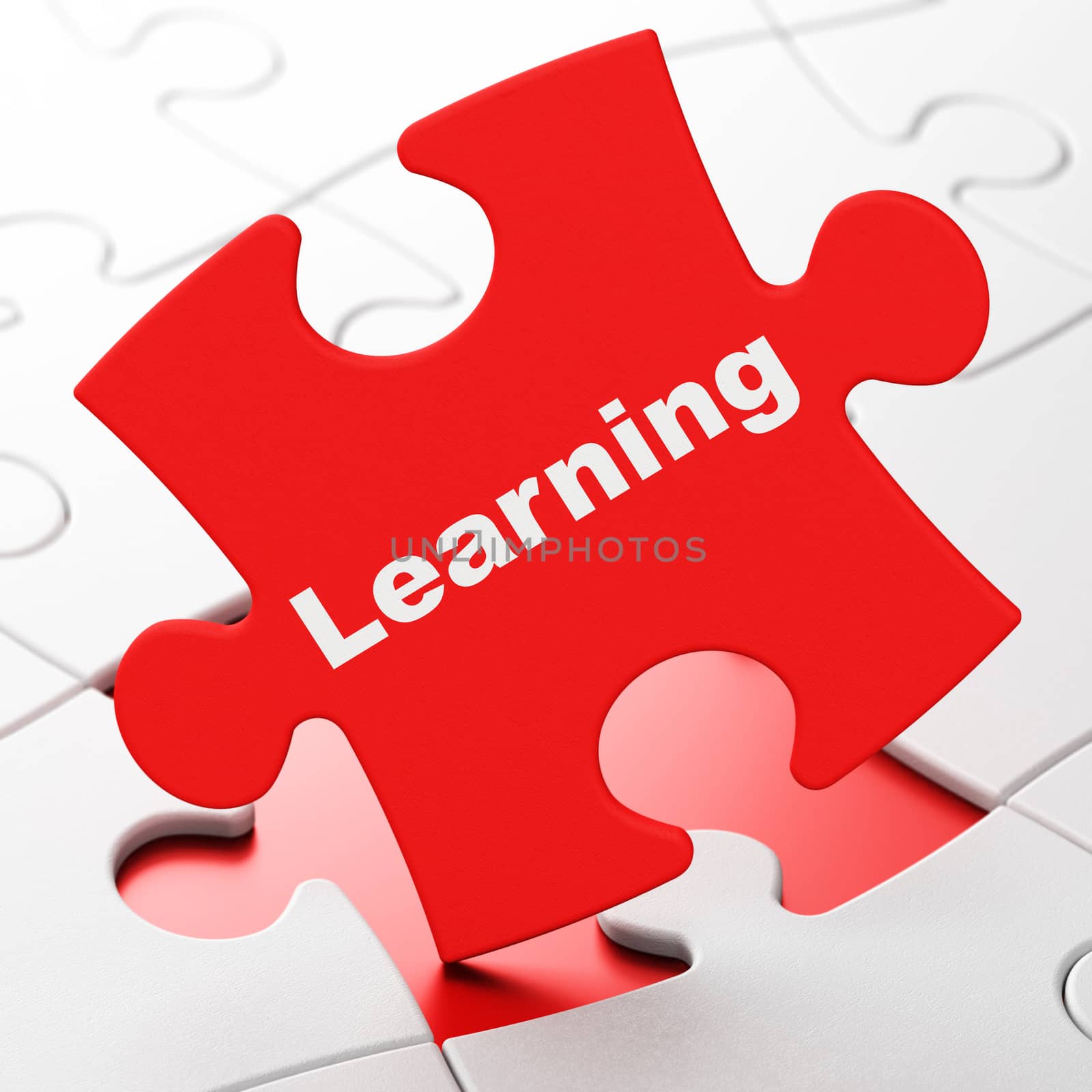 Learning concept: Learning on Red puzzle pieces background, 3D rendering