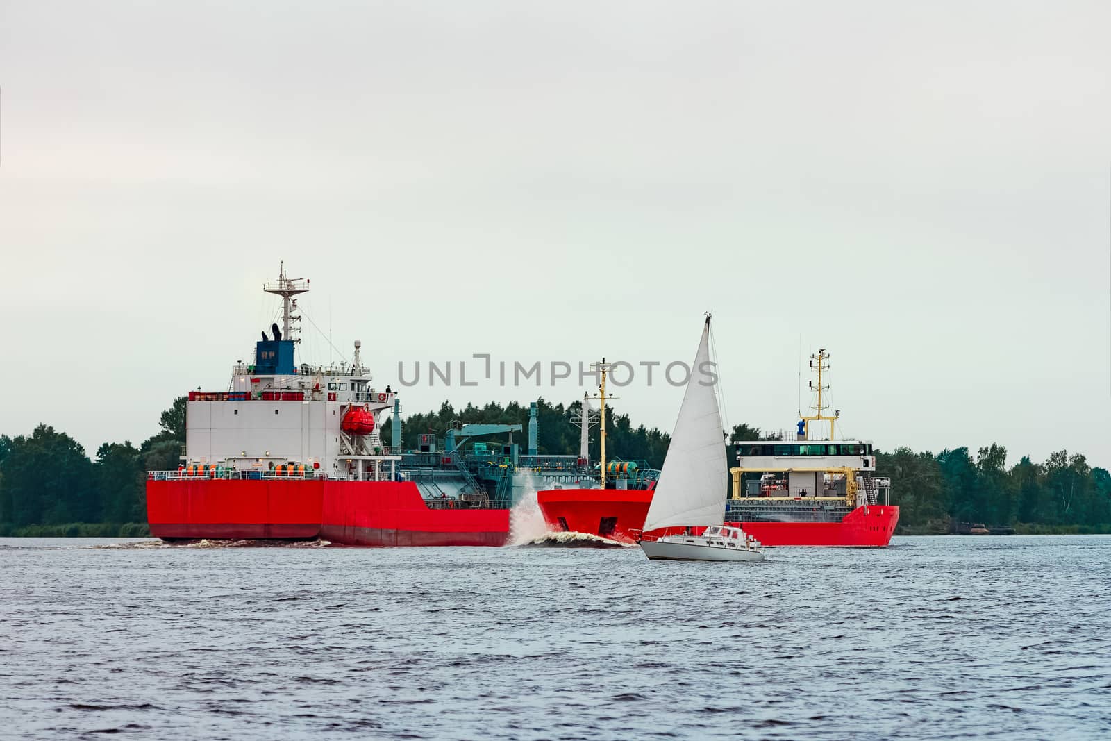 Red cargo bulker ship. Logistics and merchandise transportations