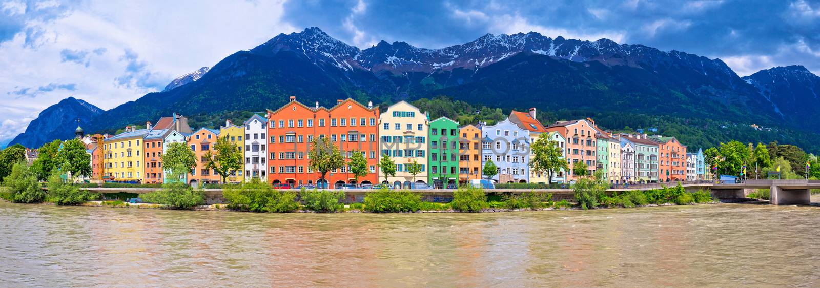 City of Innsbruck colorful Inn river waterfront panorama, Tyrol state of Austria