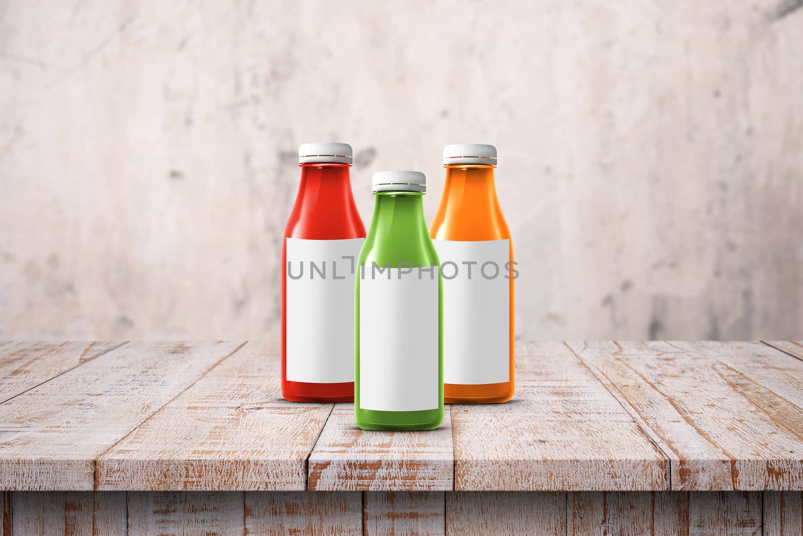 three multicolored bottles of juice are on the counter by boys1983@mail.ru