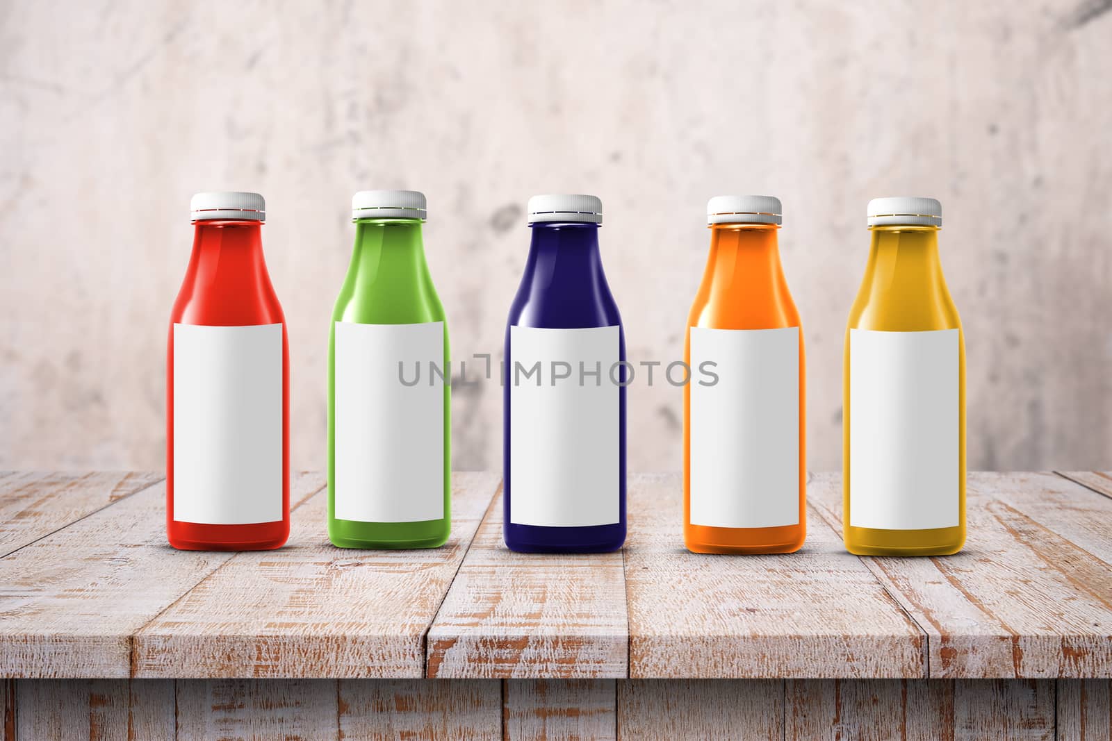 five multicolored bottles of juice are on the counter